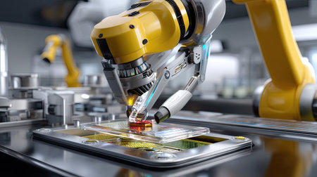 A cutting-edge robotic arm captures intricate details while analyzing small electronic components in a modern laboratory, showcasing advanced technology and precision engineering.の素材
