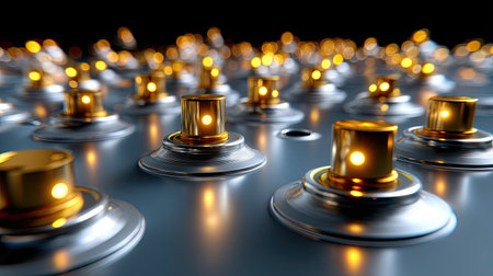 This close-up image features metallic push buttons with warm lights, arranged on a smooth, dark surface, creating a captivating and aesthetic tech scene.の素材