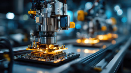 A close-up view of an advanced robotic assembly line in a tech factory, highlighting intricate machinery and glowing microchips in production.の素材