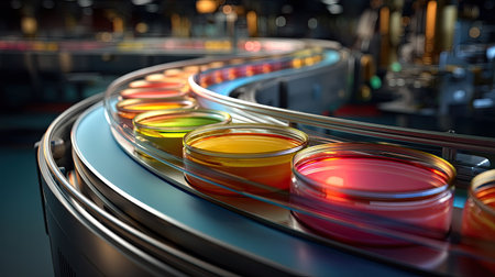 A dynamic scene of colorful jars moving along a conveyor belt in a sleek manufacturing facility, showcasing efficient food product packaging and processing.の素材