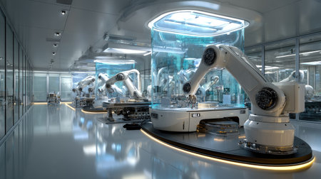 This image showcases advanced robotic arms within a high-tech laboratory featuring sleek glass enclosures, representing the future of automation and innovation.の素材