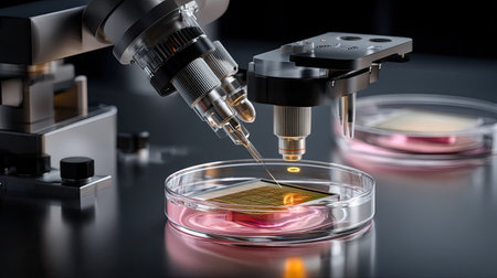 Explore the precision of laboratory research with an advanced microscope examining a biological sample in a petri dish. This image showcases cutting-edge scientific investigation techniques, highlighting clarity and detail in a modern lab setting.の素材