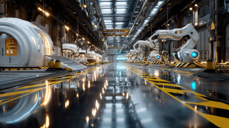 Explore a futuristic industrial setting featuring advanced robotics and machinery, showcasing a highly efficient and modern manufacturing process.の素材