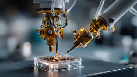 A close-up view of an advanced robotic arm in a laboratory setting, precisely assembling a microchip. This image showcases the complexity and accuracy of modern technology in electronic manufacturing.の素材