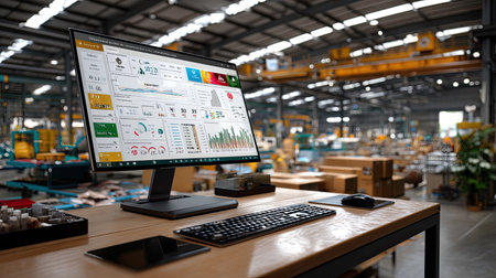 A sleek desktop computer screens advanced analytics in a bustling warehouse environment, showcasing modern technology in logistics management and operations.の素材