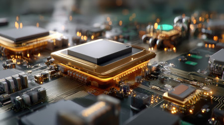Explore the intricate details of a computer circuit board featuring microchips and electronic components, showcasing modern technology and innovation.の素材