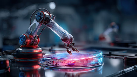 A high-tech robotic arm is positioned in a modern laboratory, reflecting the future of automation with its precision and intricate design, showcasing advanced technology.の素材