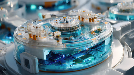 This image showcases a closeup of a futuristic technology component, highlighting intricate circuitry and a blue glow, ideal for tech-related projects.の素材
