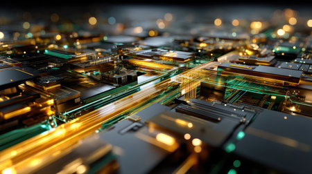 A captivating abstract representation of a technology background showcasing intricate circuit board patterns with illuminated lines creating a futuristic atmosphere.の素材