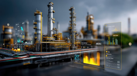 This image showcases a contemporary industrial facility featuring advanced digital interfaces that represent energy production and analytics within an urban setting.の素材