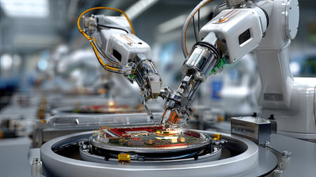 Intricate robotic arms work together in a high-tech manufacturing environment, showcasing precision assembly of electronic components with advanced technology.の素材