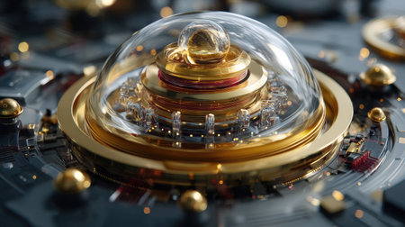 A stunning futuristic technology concept featuring a transparent glass dome housing gold elements, set against a detailed circuit board background that showcases innovation and modern design.の素材