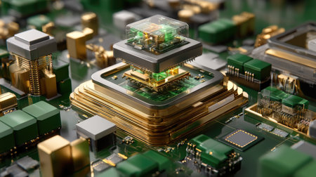 This image features an intricate close-up of a computer circuit board, showcasing advanced microchips and vibrant components, emphasizing technology's evolution.の素材