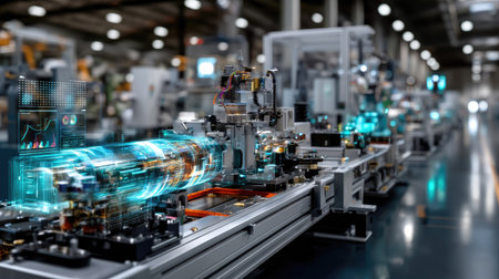 A vibrant scene depicting advanced robotics and automation within a modern manufacturing facility. The interplay of technology highlights efficiency, innovation, and future production processes.の素材