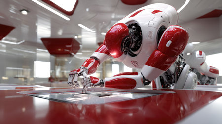 A futuristic robot with red and silver accents engages in precision tasks within a modern laboratory, showcasing advanced technology and innovative designs.の素材