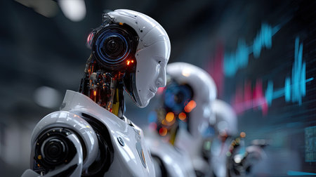This image depicts futuristic robots in a high-tech setting, showcasing advanced artificial intelligence and intricate data visualizations, representing innovation.の素材