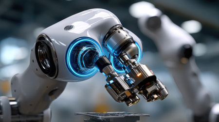 This image features a cutting-edge robotic arm equipped with advanced optical systems, highlighting the intersection of technology and innovation in modern industries.の素材