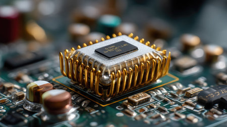 A close-up view of a modern CPU chip featuring gold pins, resting on a detailed circuit board that signifies advanced technology and electronic innovation.の素材