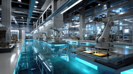 This image showcases an advanced manufacturing facility featuring robotic arms, a sleek design, and state-of-the-art technology for efficient production processes.の素材