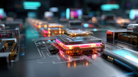 This striking image showcases a futuristic circuit board filled with glowing microchips and colorful lights, representing advanced technology and innovation.の素材