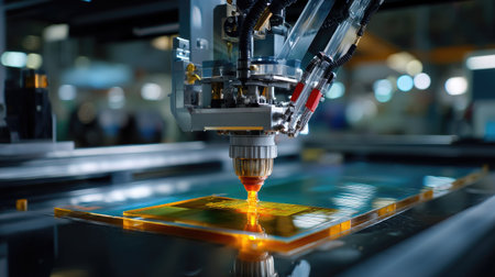 This image showcases a state-of-the-art laser cutting machine engaged in precise fabrication within a modern industrial environment, highlighting technology and innovation.の素材