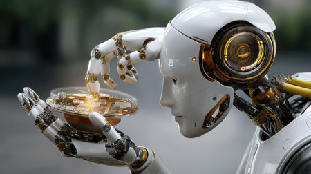 An advanced futuristic robot gently holds a transparent technological device, showcasing intricate design and glowing elements, symbolizing innovation and integration of technology.の素材
