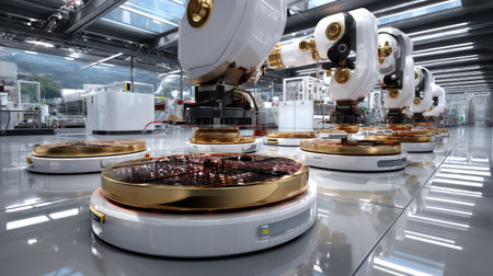 This image showcases advanced robotic arms engaged in precision manufacturing within a modern industrial facility. The scene highlights cutting-edge automation technology at work, emphasizing efficiency and innovation in manufacturing processes.の素材