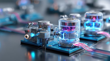 A stunning close-up of advanced robotics components featuring futuristic designs, vibrant lighting, and intricate details, perfect for technology projects.の素材