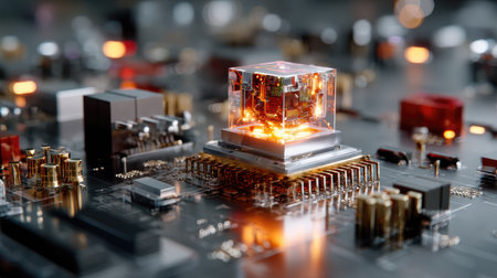 This captivating image showcases a modern microchip with a glowing core placed on a detailed circuit board, symbolizing the cutting-edge advancements in technology and electronics.の素材