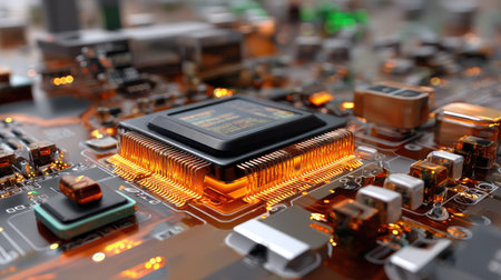 This close-up image showcases a high-tech microprocessor embedded in a circuit board, featuring glowing elements that exemplify advanced technology.の素材