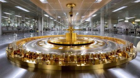 This image captures the essence of a cutting-edge manufacturing facility, featuring intricate machinery and a golden assembly component in a spacious and clean environment.の素材