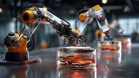 Sleek robotic arms perform complex tasks in a modern industrial setting, showcasing advanced technology and innovation in manufacturing processes.の素材