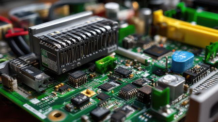 Close-up view of an intricate circuit board showcasing various electronic components and integrated circuits. Perfect for technology-themed projects.の素材