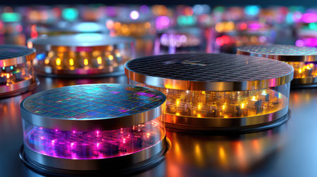 This captivating image showcases futuristic technology featuring colorful lights and intricate circuit boards, set in an abstract digital environment.の素材