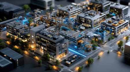 Aerial view of a modern industrial complex featuring advanced facilities and intricate infrastructure, illuminated at dusk, showcasing technology and energy production.の素材