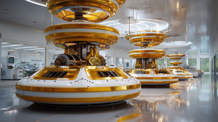 A striking view of a modern laboratory showcasing advanced golden technology equipment, featuring sleek lines and a clean aesthetic, symbolizing innovation.の素材