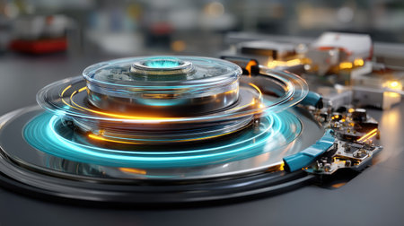 A captivating view of an advanced circular device on a high-tech surface, featuring glowing effects that illustrate motion and innovation in technology.の素材