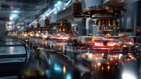 This image captures a sophisticated industrial setting characterized by advanced machinery and bright, glowing elements, showcasing modern manufacturing technology.の素材