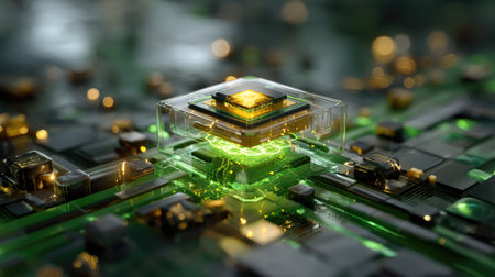 This captivating image showcases a futuristic microchip illuminated with a vibrant neon glow, surrounded by intricate circuitry and glowing particles, symbolizing advanced technology and innovation.の素材