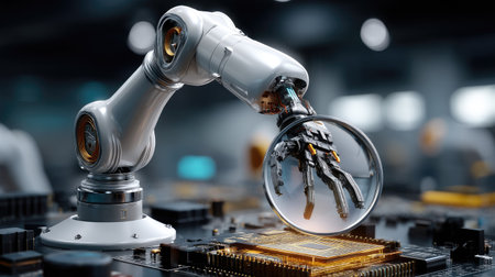 A robotic arm meticulously examines a microchip using a magnifying glass in a high-tech laboratory, showcasing the intersection of technology and innovation.の素材