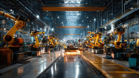 This image showcases a modern manufacturing facility, highlighting advanced robotics engaged in an efficient production process, with sparks flying in a busy workspace.の素材