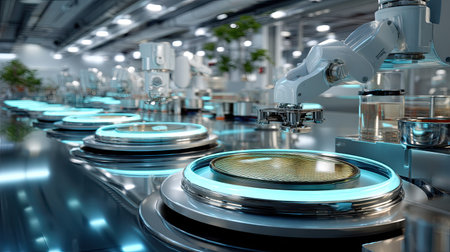 This stock photo showcases a futuristic clean room laboratory featuring advanced robotic arms and automated machinery designed for precision manufacturing and research.の素材