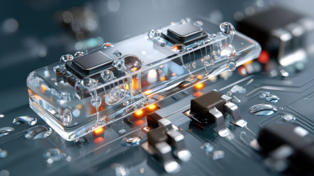 A stunning close-up of a transparent microchip circuit featuring water droplets, highlighting the intricate design and innovative technology in electronics.の素材