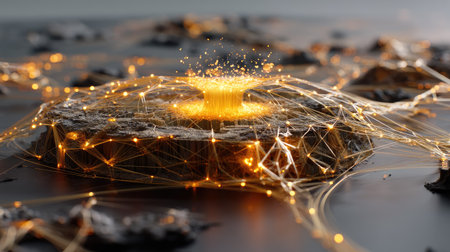 This visually stunning image captures a futuristic abstract volcano erupting with glowing particles and intricate connections, symbolizing energy and creativity.の素材