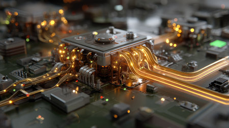 This stunning image showcases an intricate circuit board filled with glowing pathways, highlighting advanced technology elements and energy flow.の素材