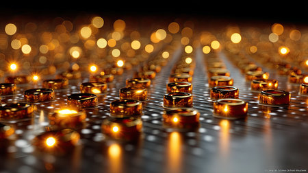 This stunning image features a beautiful array of golden circles glowing softly against a rich background, creating an enchanting bokeh effect that captivates the viewer.の素材