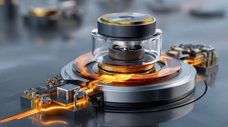 This image showcases a futuristic electronic device with transparent components and glowing circuitry, highlighting the innovation and complexity of modern technology.の素材