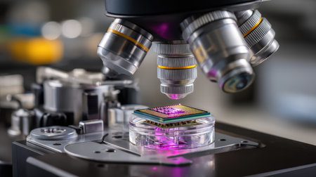This image showcases an advanced microscope focusing on a microchip within a laboratory environment, highlighting detailed technology examination and innovative research.の素材