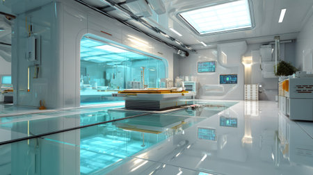 This image features a sleek and modern laboratory interior designed for advanced research and development. The bright, clean space showcases innovative technology and a professional atmosphere, perfect for scientific exploration and experimentation.の素材
