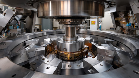 A highly detailed view of advanced machinery in an industrial environment, showcasing the precision engineering and intricate components involved in modern production processes.の素材
